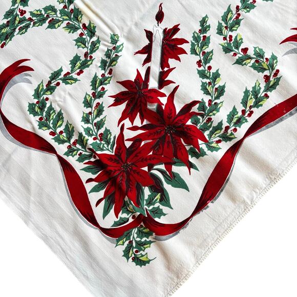 Vintage Christmas Tablecloth printed cotton white red poinsettias holly FLAWS - Picture 3 of 11